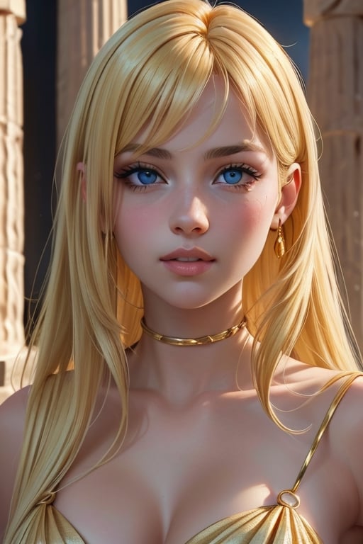 An incredibly beautiful young femme fatale is a golden-haired blonde with blue eyes, long golden hair and long bangs, dressed in an ancient Greek chiton. Masterpiece, perfect image, realistic shots, detailed study of faces, full-length image, 8k, detailed image. extremely detailed illustration, a real masterpiece of the highest quality, with careful drawing.,greek clothes