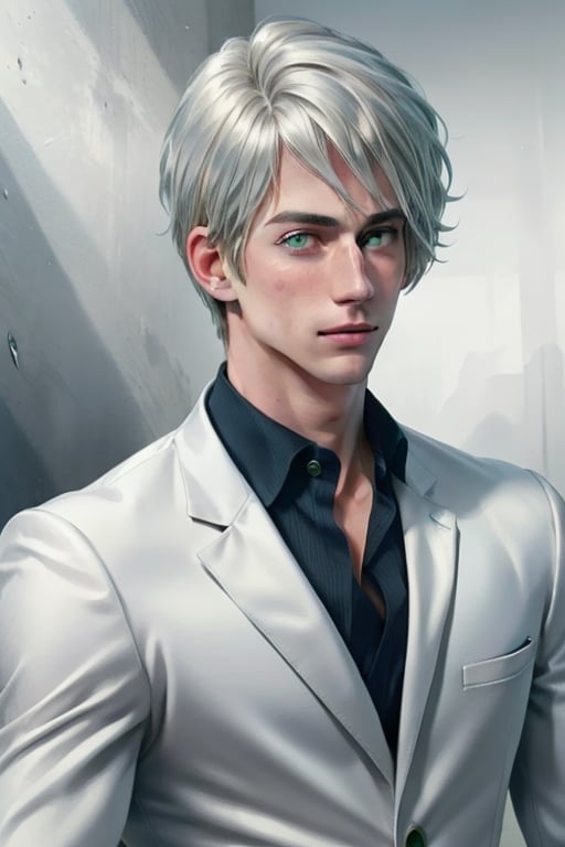 A handsome young man is platinum blond, he has long straight platinum hair, green eyes, he is dressed in a white suit and a blue shirt. Masterpiece, perfect image, realistic image, detailed study of faces, full-length image, 8k, detailed image, extremely detailed illustration, a real masterpiece of the highest quality, with careful drawing.,yaten,1man