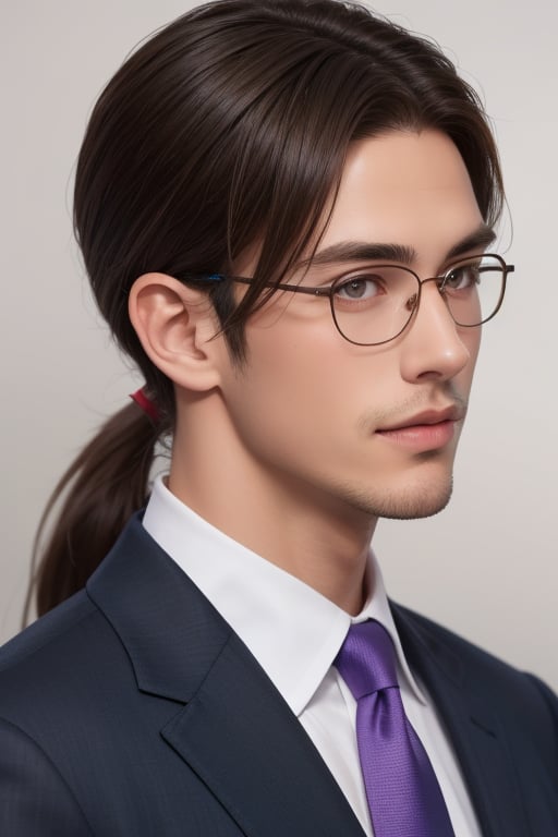 A tall, handsome, handsome young man with brown hair, he has long chocolate-colored hair gathered in a tight low ponytail on the back of his head and combed back, glasses, lilac eyes, he is dressed in a suit. Masterpiece, beautiful face, perfect image, realistic photos, 8k, detailed image, extremely detailed illustration, a real masterpiece of the highest quality, with careful drawing. SailorStarMaker, low ponytail on the back of the head, hair combed back.,