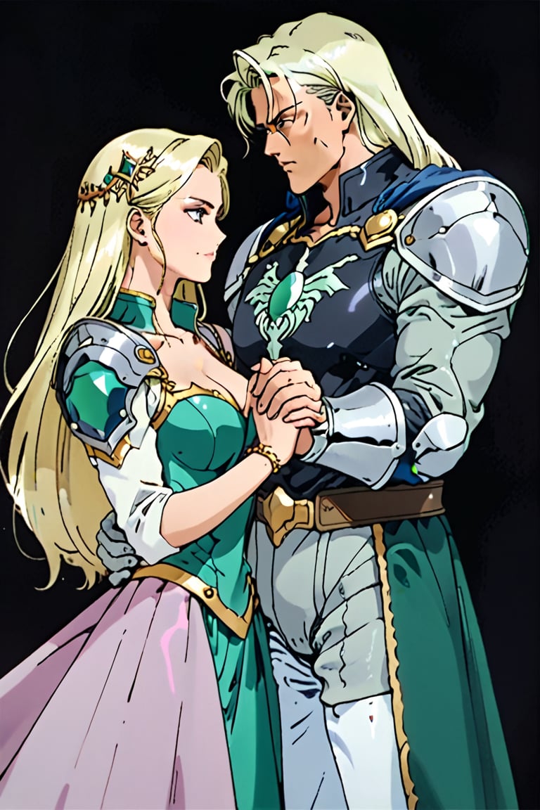 (Beatiful, masterpiece, aesthetic). Anime muscle man. long platinum hair. Light blue eyes. grey military clothes, silver armor with gold decorations. (Anime Character) (Dark enviroment). he is holding the hand of an incredibly beautiful young cancer woman-a blonde with blue eyes, long golden hair, she is wearing a light golden dress, she is a princess. They're in love. Kunzite,Malachite,SMV4,score_9,score_8_up,score_7_up,rating_explicit,aavenus, long hair, (Aesthetic dark image), femme fatale, Couple poses,