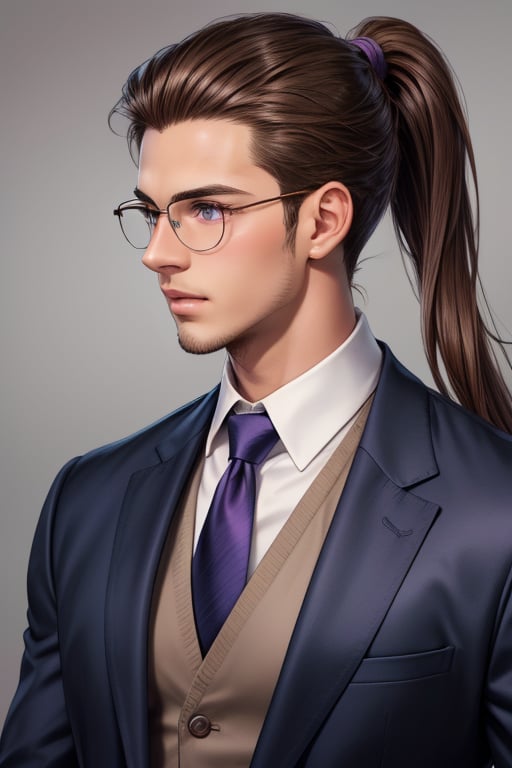 A tall, handsome, handsome young man with brown hair, he has long chocolate-colored hair gathered in a tight low ponytail on the back of his head and combed back, glasses, lilac eyes, he is dressed in a suit. Masterpiece, beautiful face, perfect image, realistic photos, 8k, detailed image, extremely detailed illustration, a real masterpiece of the highest quality, with careful drawing. SailorStarMaker, low ponytail on the back of the head, hair combed back.,