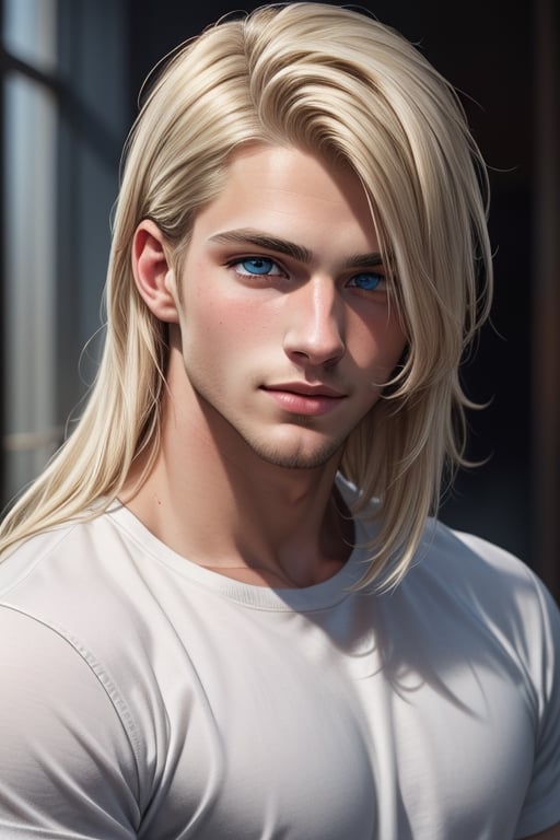 A tall, handsome, athletic, statuesque, courageous young men, platinum blond male with blue eyes, long straight platinum hair, wearing jeans and an olive-colored T-shirt. Masterpiece, detailed study of the face, beautiful face, beautiful facial features, perfect image, realistic shots, detailed study of faces, full-length image, 8k, detailed image, extremely detailed illustration, a real masterpiece of the highest quality, with careful drawing. detailed eyes, beautiful face, blue eyes, cute blond male,handsome male