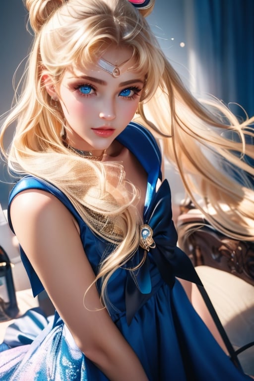 An incredibly beautiful young blonde femme fatale with blue eyes, she has a pink dress, long golden hair gathered in two bunches. Masterpiece, detailed study of the face, beautiful face, beautiful facial features, perfect image, realistic shots, detailed study of faces, full-length image, 8k, detailed image, extremely detailed illustration, a real masterpiece of the highest quality, with careful drawing.. ,masterpiece,WOWAI,belle,aausagi,serena tsukino,xuer Sailor Moon