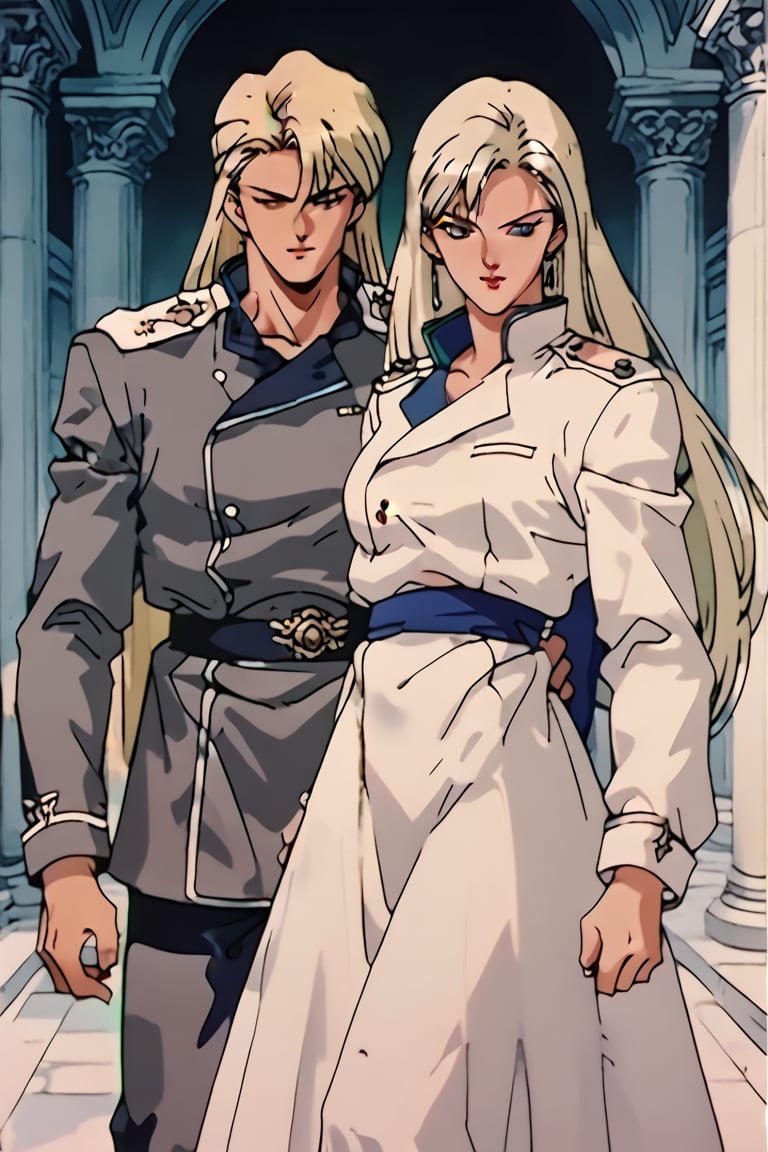 (Beatiful, masterpiece, aesthetic). Anime muscle man. long platinum hair. Light blue eyes. grey military clothes, silver armor with gold decorations. (Anime Character) (Dark enviroment). he is holding the hand of an incredibly beautiful young cancer woman-a blonde with blue eyes, long golden hair, she is wearing a light golden dress, she is a princess. They're in love. Kunzite,Malachite,SMV4,score_9,score_8_up,score_7_up,rating_explicit,aavenus, long hair, (Aesthetic dark image), femme fatale,Couple poses