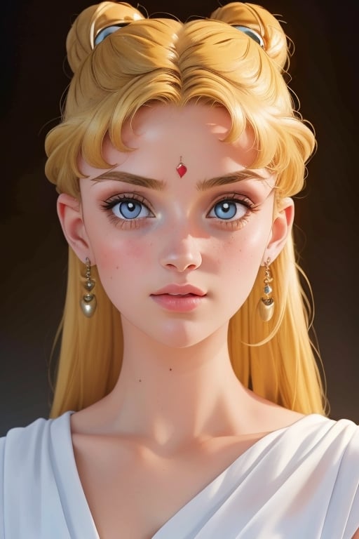 An incredibly beautiful young femme fatale is a golden-haired blonde with blue eyes, two bunches on her head and two long golden tails, dressed in an ancient Greek chiton. Masterpiece, perfect image, realistic shots, detailed study of faces, full-length image, 8k, detailed image. extremely detailed illustration, a real masterpiece of the highest quality, with careful drawing. Full-length image,greek clothes, aausagi,serena tsukino