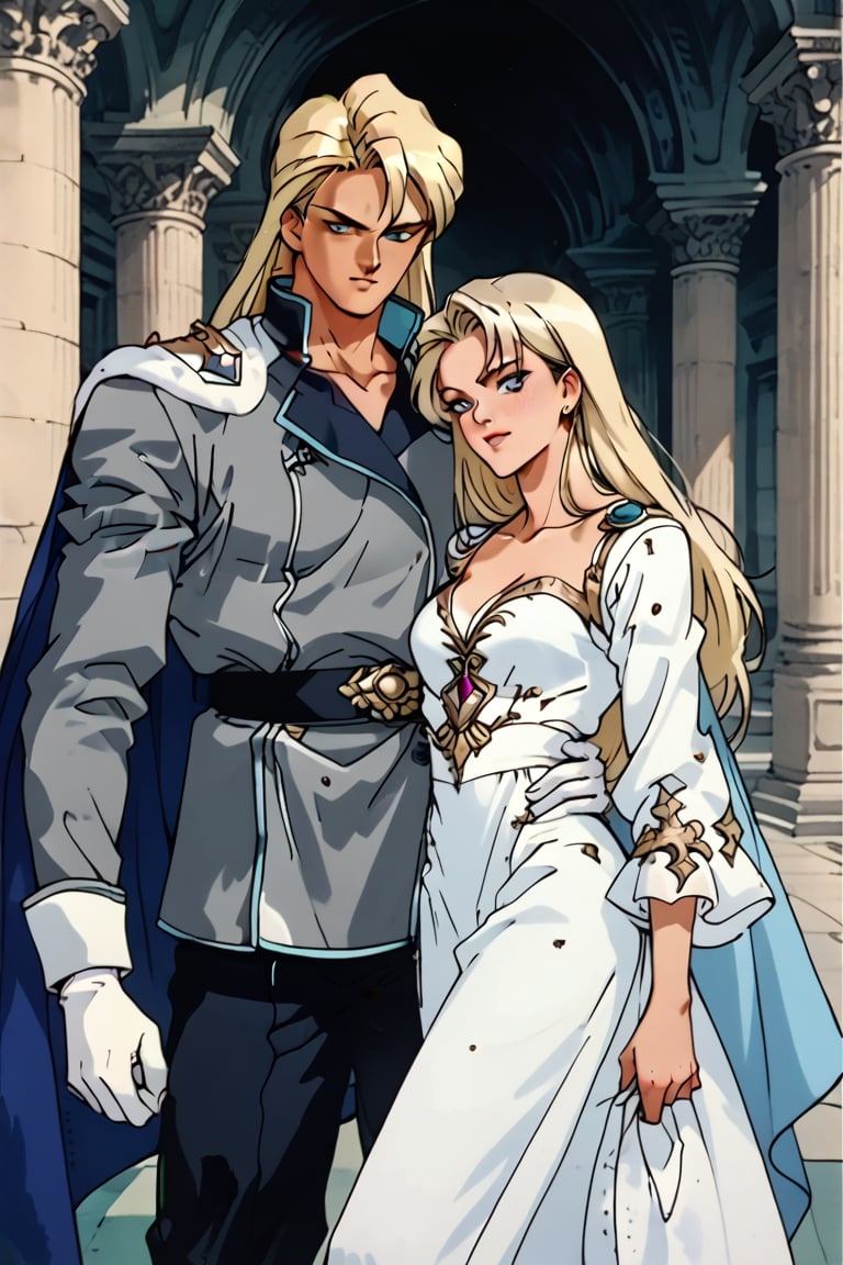 (Beatiful, masterpiece, aesthetic). Anime muscle man. long platinum hair. Light blue eyes. grey military clothes, silver armor with gold decorations. (Anime Character) (Dark enviroment). He is holding the hand of an incredibly beautiful young femme fatal golden-haired blonde with blue eyes, long golden hair, in a light golden dress. Kunzite,Malachite,SMV4,score_9,score_8_up,score_7_up,rating_explicit,aavenus, long hair, (Aesthetic dark image), femme fatale,Couple poses