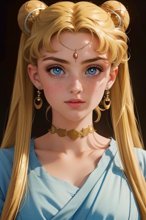 An incredibly beautiful young femme fatale is a golden-haired blonde with blue eyes, two bunches on her head and two long golden tails, dressed in an ancient Greek chiton. Masterpiece, perfect image, realistic shots, detailed study of faces, full-length image, 8k, detailed image. extremely detailed illustration, a real masterpiece of the highest quality, with careful drawing. Full-length image,greek clothes, aausagi,serena tsukino