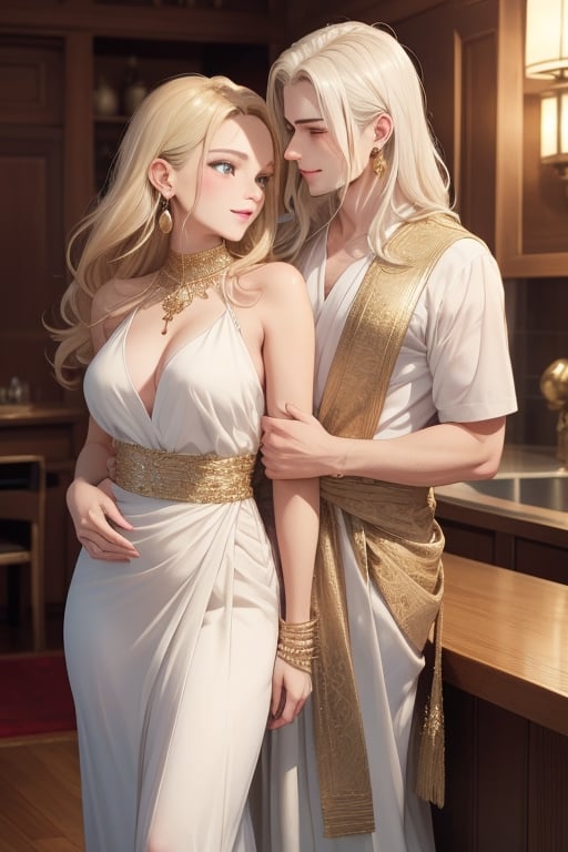 A tall, statuesque, handsome, athletic young men, he is dressed in royal oriental white clothes, he has tanned skin, long straight white hair he hughs an incredibly beautiful femme fatale young woman, golden-haired blonde with blue eyes, long golden hair gathered in a high beautiful hairstyle, she is dressed in a beautiful luxurious white long dress in oriental style with open shoulders, which perfectly fits her slender beautiful figure, emphasizes a thin waist and rounded hips, deep neckline, long on a thin sparkling gold. There is a jewelry chain around her neck, and long gold earrings in her ears. They are in love with each other, they look at each other with love. They are happy. Masterpiece, perfect drawing, realistic drawing, detailed elaboration, 8k. full-length image, realistic image, detailed image. an extremely detailed illustration, a real masterpiece of the highest quality, with careful drawing.,1boy