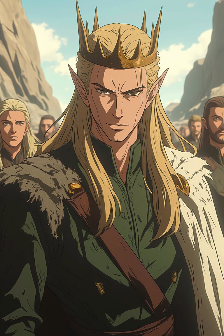 An anime-style photo of Lee Pace, which depicts him in his iconic role as the elf King Thranduil. He has very long blond hair and an arrogant expression on his face, which should emphasize his concentration and determination. The clothes should be decorated with classic elven white and gold patterns, and there should be a crown on the head dressed backwards. The background should be slightly blurred to emphasize Lee Pace's athletic physique and the smooth movements of his elven clothes. The lighting should emphasize the sharpness of his anime-style facial features and the energetic, dynamic environment around him, giving the image a spectacular, action-packed look of Niji's journey.