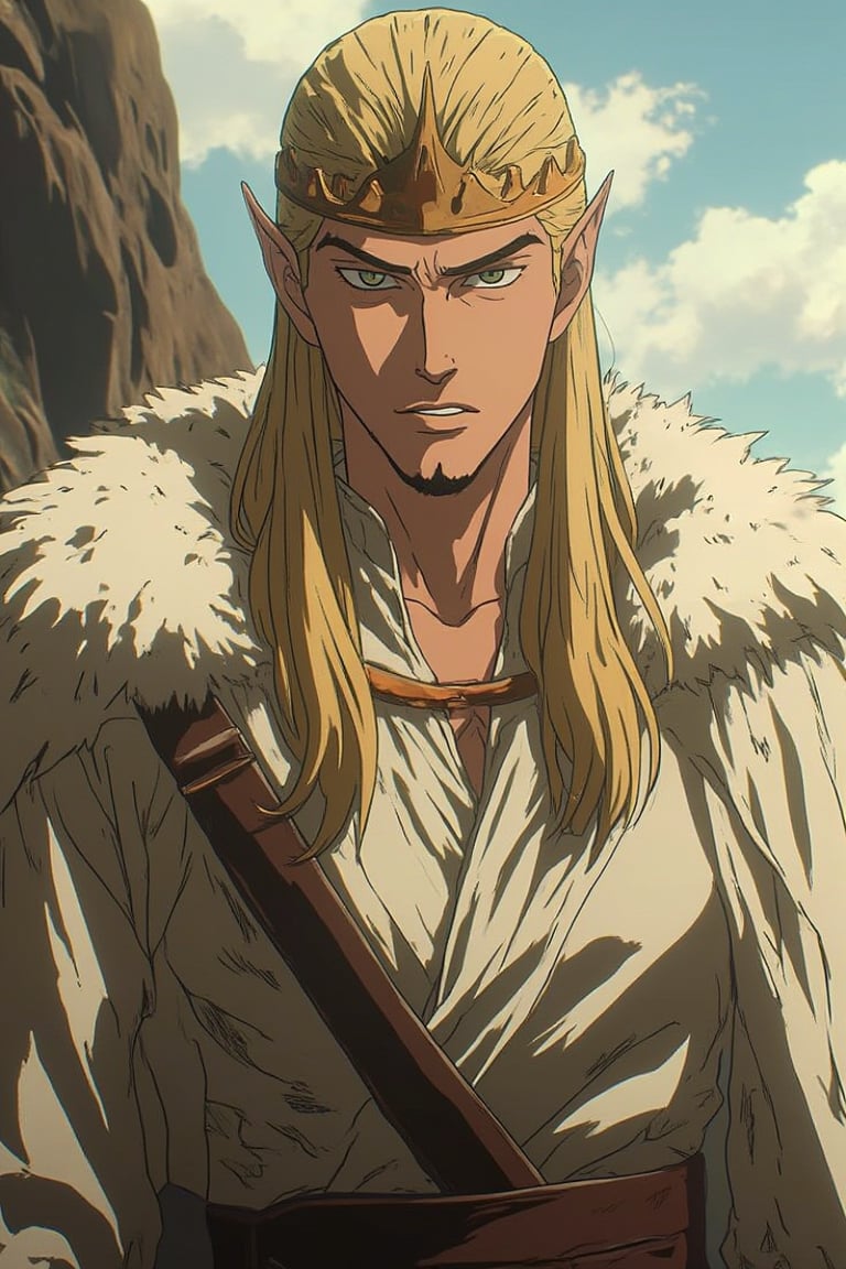 An anime-style photo of Lee Pace, which depicts him in his iconic role as the elf King Thranduil. He has very long blond hair and an arrogant expression on his face, which should emphasize his concentration and determination. The clothes should be decorated with classic elven white and gold patterns, and there should be a crown on the head dressed backwards. The background should be slightly blurred to emphasize Lee Pace's athletic physique and the smooth movements of his elven clothes. The lighting should emphasize the sharpness of his anime-style facial features and the energetic, dynamic environment around him, giving the image a spectacular, action-packed look of Niji's journey.