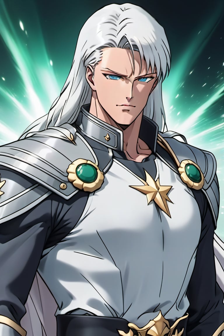 (Beatiful, masterpiece, aesthetic). Anime muscle man.long straight platinum hair below the shoulders. Light blue eyes. grey military clothes, silver armor with gold decorations. (Anime Character) (Dark enviroment).Kunzite,Malachite,SMV4,score_9,score_8_up,score_7_up,rating_explicit, (Aesthetic dark image), long straight platinum hair below the shoulders,MALE