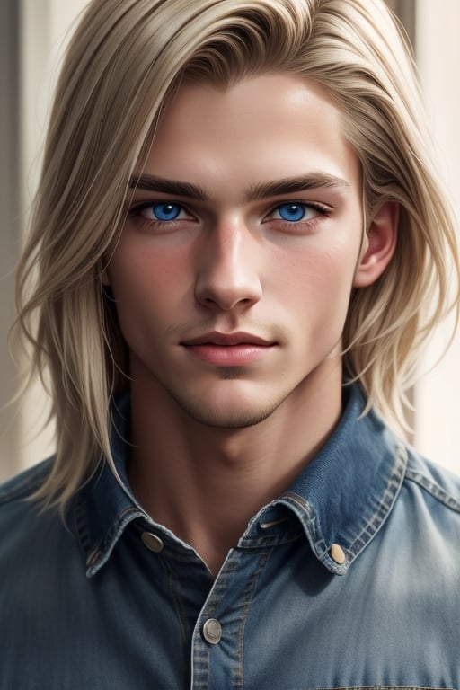 A tall, handsome, athletic, statuesque, courageous young man, platinum blond with blue eyes, long straight platinum hair combed back, wearing jeans and an olive-colored T-shirt. Masterpiece, detailed study of the face, beautiful face, beautiful facial features, perfect image, realistic shots, detailed study of faces, full-length image, 8k, detailed image, extremely detailed illustration, a real masterpiece of the highest quality, with careful drawing. detailed eyes, beautiful face, blue eyes, cute blond male,handsome male