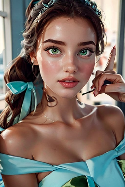 an incredibly beautiful young femme fatale with green eyes, she has a green and pink dress, long curly chocolate hair, gathered in a ponytail.  Masterpiece, detailed study of the face, beautiful face, beautiful facial features, perfect image, realistic shots, detailed study of faces, full-length image, 8k, detailed image, extremely detailed illustration, a real masterpiece of the highest quality, with careful drawing. ,masterpiece,WOWAI,belle