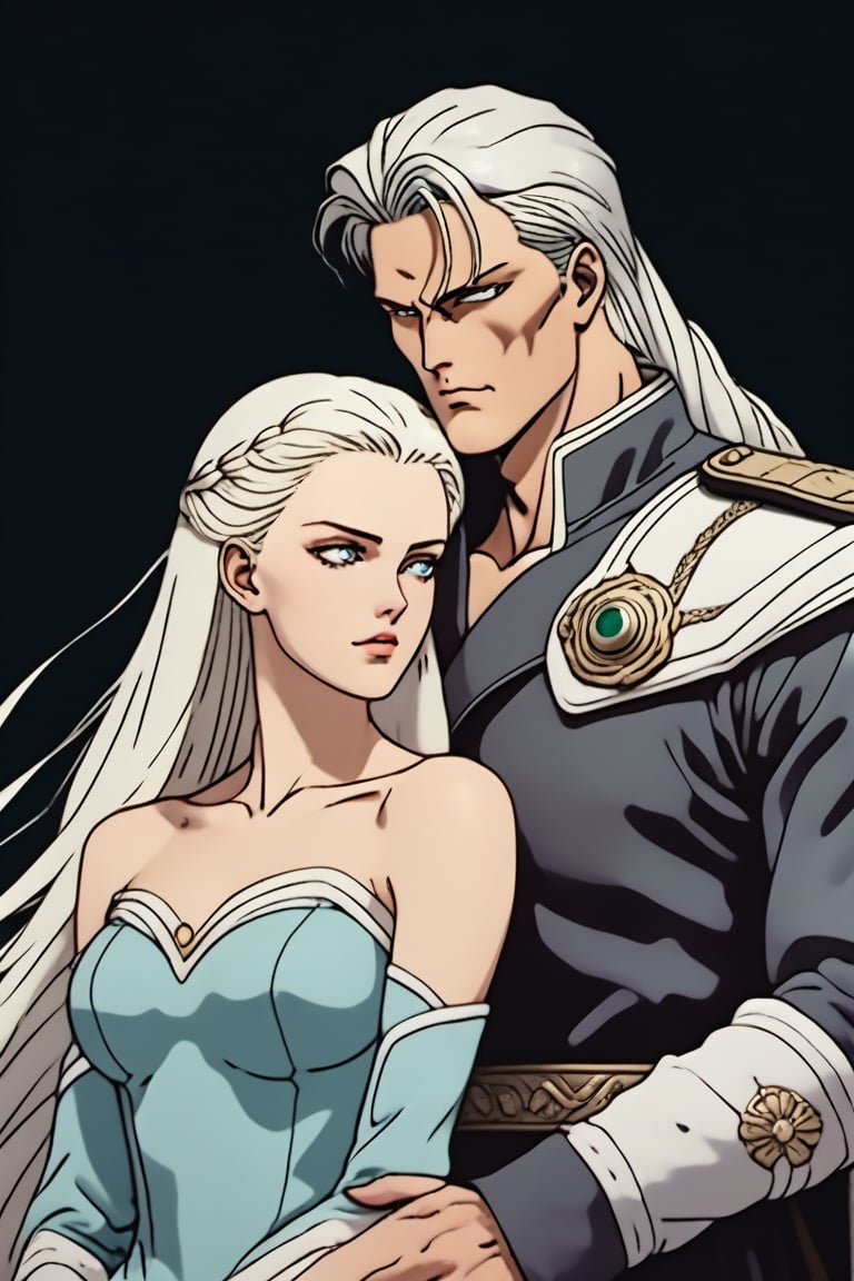 (Beatiful, masterpiece, aesthetic). Anime muscle man. long platinum hair. Light blue eyes. grey military clothes, silver armor with gold decorations. (Anime Character) (Dark enviroment). he is holding the hand of an incredibly beautiful young cancer woman-a blonde with blue eyes, long golden hair, she is wearing a light golden dress, she is a princess. They're in love. Kunzite,Malachite,SMV4,score_9,score_8_up,score_7_up,rating_explicit,aavenus, long hair, (Aesthetic dark image), femme fatale, Couple poses,