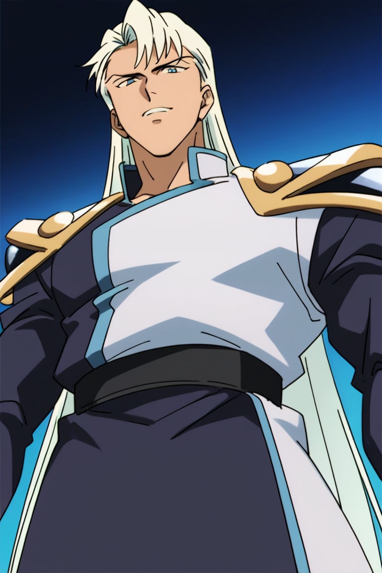 (Beatiful, masterpiece, aesthetic). Anime muscle man.long straight platinum hair below the shoulders. Light blue eyes. grey military clothes, silver armor with gold decorations. (Anime Character) (Dark enviroment).Kunzite,Malachite,SMV4,score_9,score_8_up,score_7_up,rating_explicit, (Aesthetic dark image),long straight platinum hair below the shoulders