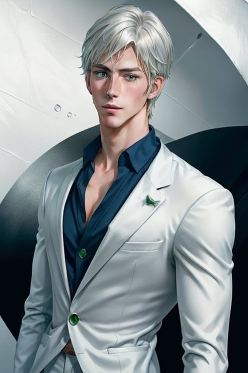 A handsome young man is platinum blond, he has long straight platinum hair, green eyes, he is dressed in a white suit and a blue shirt. Masterpiece, perfect image, realistic image, detailed study of faces, full-length image, 8k, detailed image, extremely detailed illustration, a real masterpiece of the highest quality, with careful drawing.,yaten,1man
