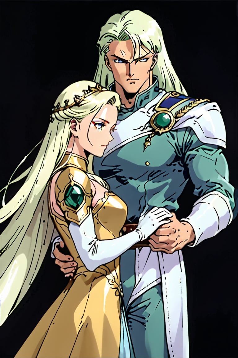 (Beatiful, masterpiece, aesthetic). Anime muscle man. long platinum hair. Light blue eyes. grey military clothes, silver armor with gold decorations. (Anime Character) (Dark enviroment). he is holding the hand of an incredibly beautiful young cancer woman-a blonde with blue eyes, long golden hair, she is wearing a light golden dress, she is a princess. They're in love. Kunzite,Malachite,SMV4,score_9,score_8_up,score_7_up,rating_explicit,aavenus, long hair, (Aesthetic dark image), femme fatale, Couple poses,