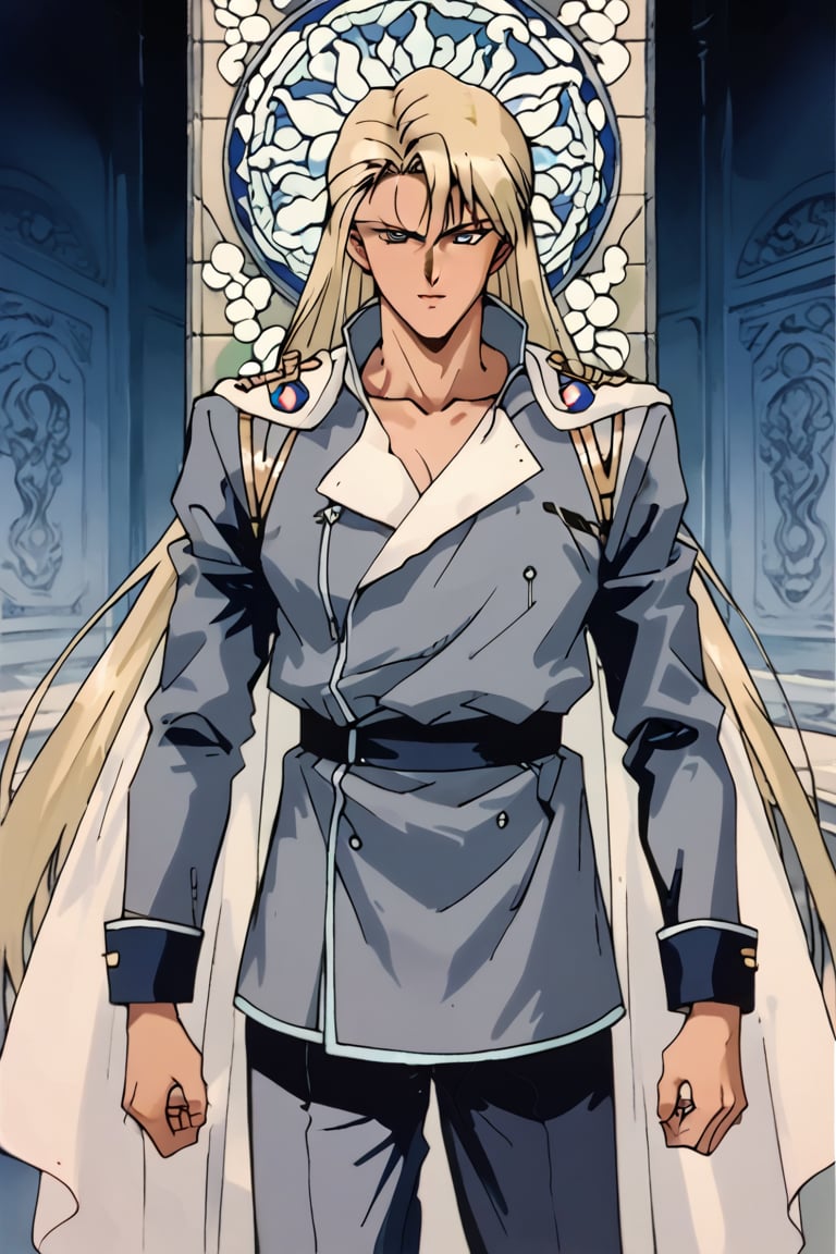 (Beatiful, masterpiece, aesthetic) (Aesthetic dark image) . Anime muscle man. long platinum hair. Light blue eyes.  grey military clothes, silver armor with gold decorations. (Anime Character) (Dark enviroment). he is holding the hand of an incredibly beautiful young fatal golden-haired blonde with blue eyes, long golden hair, in a light golden dress.
  ,Beautiful eyes,Eyes,Kunzite,Malachite,SMV4,score_9,score_8_up,score_7_up,rating_explicit,aavenus, long hair, 