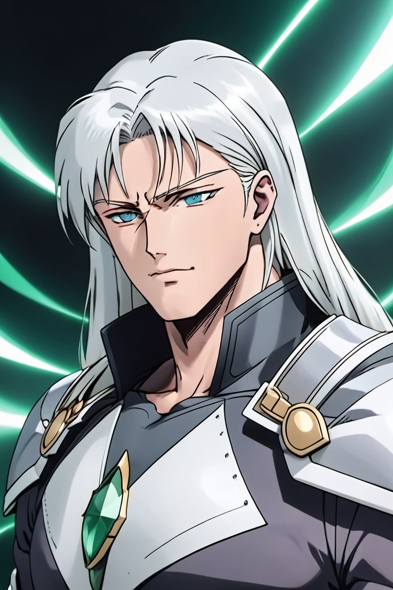 (Beatiful, masterpiece, aesthetic). Anime muscle man.long straight platinum hair below the shoulders. Light blue eyes. grey military clothes, silver armor with gold decorations. (Anime Character) (Dark enviroment).Kunzite,Malachite,SMV4,score_9,score_8_up,score_7_up,rating_explicit, (Aesthetic dark image), long straight platinum hair below the shoulders,MALE,  full-length image,Handsome male