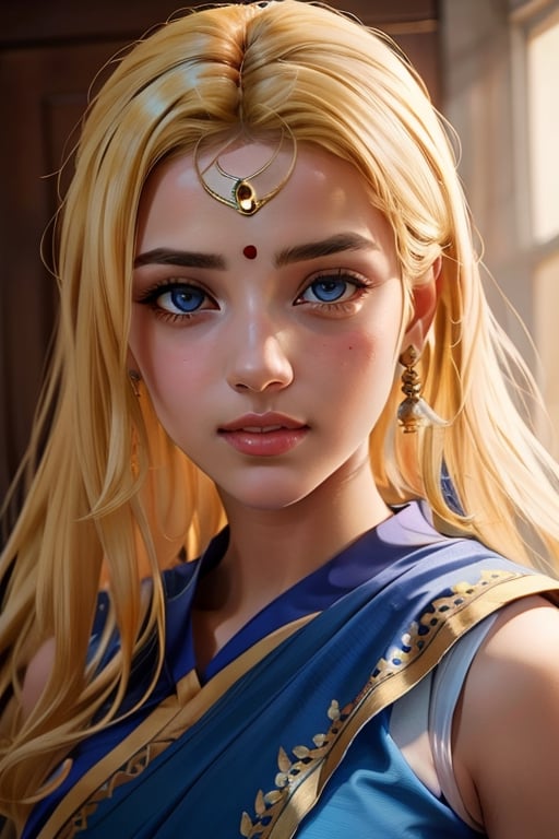 An incredibly beautiful young femme fatale is a golden-haired blonde with two bunches on her head and two long tails, blue-eyed, dressed in a traditional white saree. Masterpiece, perfect image, realistic shots, detailed study of the face, full-length image, 8k, detailed image. extremely detailed illustration, a real masterpiece of the highest quality, with careful drawing. ,sailor moon,indian,serena tsukino,Indian dress,sari,aausagi