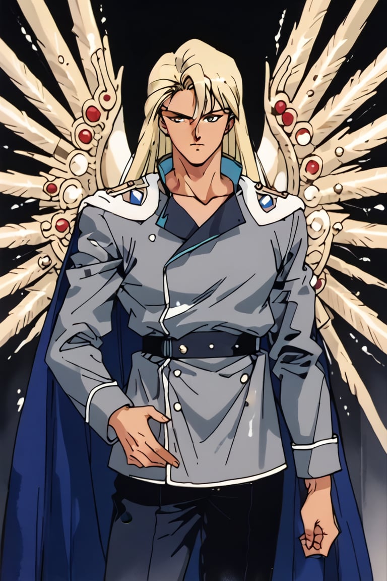 (Beatiful, masterpiece, aesthetic). Anime muscle man. long platinum hair. Light blue eyes. grey military clothes, silver armor with gold decorations. (Anime Character) (Dark enviroment). He is holding the hand of an incredibly beautiful young femme fatal golden-haired blonde with blue eyes, long golden hair, in a light golden dress. Kunzite,Malachite,SMV4,score_9,score_8_up,score_7_up,rating_explicit,aavenus, long hair, (Aesthetic dark image), femme fatale