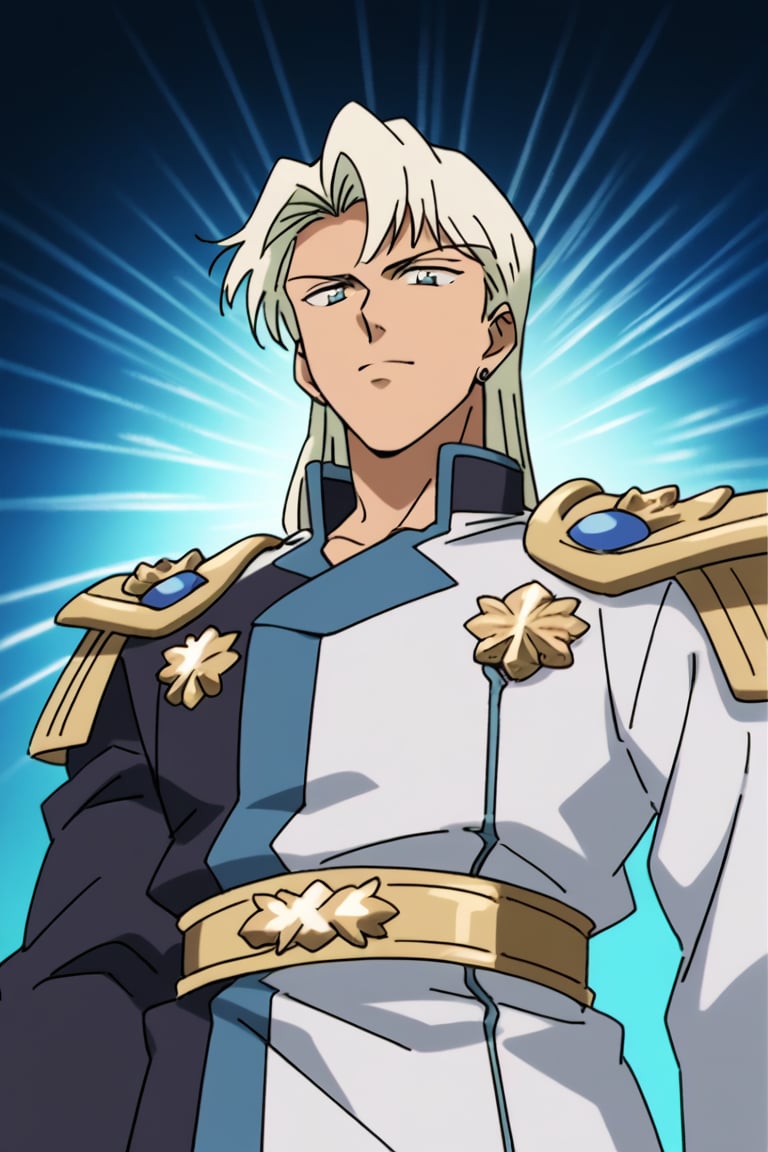 (Beatiful, masterpiece, aesthetic). Anime muscle man.long straight platinum hair below the shoulders. Light blue eyes. grey military clothes, silver armor with gold decorations. (Anime Character) (Dark enviroment).Kunzite,Malachite,SMV4,score_9,score_8_up,score_7_up,rating_explicit, (Aesthetic dark image), long straight platinum hair below the shoulders,MALE