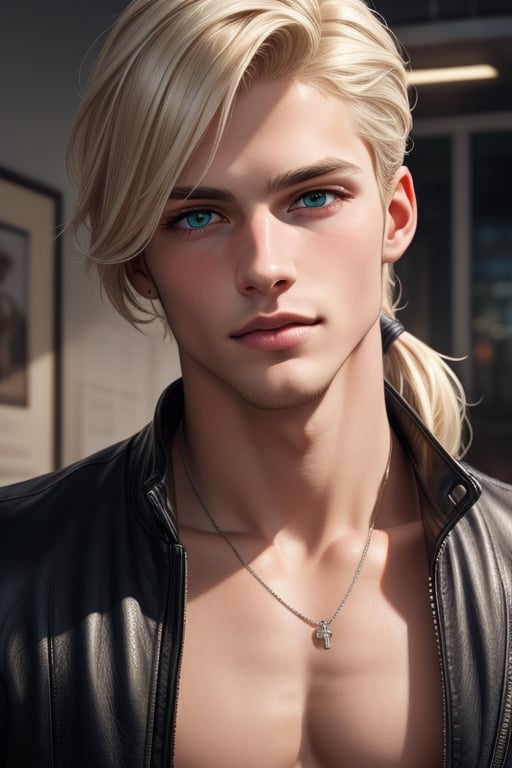 A tall, handsome, athletic, statuesque, courageous young man, platinum blond with green eyes, long straight platinum hair pulled back in a ponytail, he is wearing jeans, a T-shirt, a leather jacket. Masterpiece, detailed study of the face, beautiful face, beautiful facial features, perfect image, realistic shots, detailed study of faces, full-length image, 8k, detailed image, extremely detailed illustration, a real masterpiece of the highest quality, with careful drawing. detailed eyes, beautiful face, blue eyes, cute blond male,handsome male