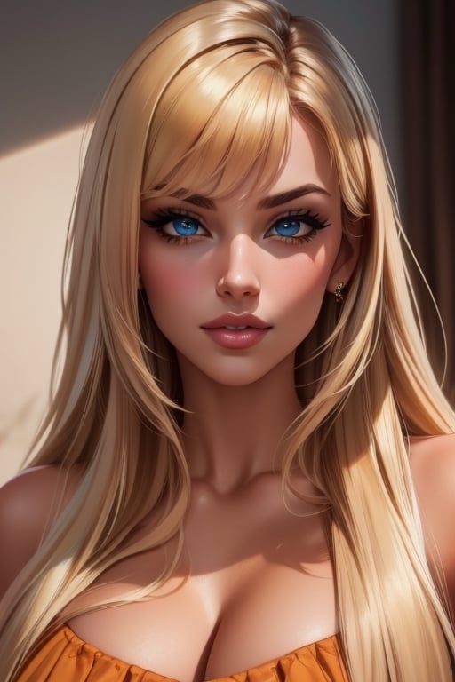 An incredibly beautiful young femme fatale is a blonde with blue eyes, she has an orange dress, long golden thick hair, long bangs.  Masterpiece, detailed study of the face, beautiful face, beautiful facial features, perfect image, realistic shots, detailed study of faces, full-length image, 8k, detailed image, extremely detailed illustration, a real masterpiece of the highest quality, with careful drawing. BEAUTY