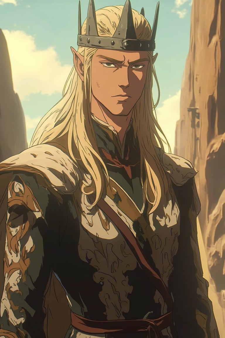 An anime-style photo of Lee Pace, which depicts him in his iconic role as the elf King Thranduil. He has very long blond hair and an arrogant expression on his face, which should emphasize his concentration and determination. The clothes should be decorated with classic elven white and gold patterns, and there should be a crown on the head dressed backwards. The background should be slightly blurred to emphasize Lee Pace's athletic physique and the smooth movements of his elven clothes. The lighting should emphasize the sharpness of his anime-style facial features and the energetic, dynamic environment around him, giving the image a spectacular, action-packed look of Niji's journey.