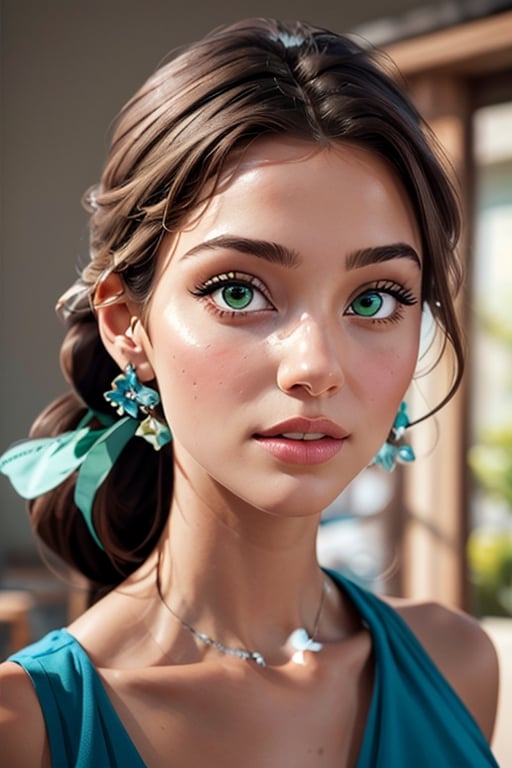 an incredibly beautiful young femme fatale with green eyes, she has a green and pink dress, long curly chocolate hair, gathered in a ponytail.  Masterpiece, detailed study of the face, beautiful face, beautiful facial features, perfect image, realistic shots, detailed study of faces, full-length image, 8k, detailed image, extremely detailed illustration, a real masterpiece of the highest quality, with careful drawing. ,masterpiece,WOWAI,belle