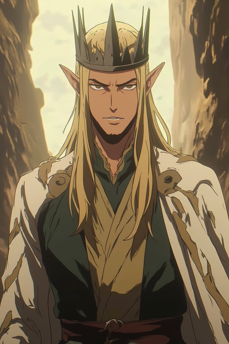 An anime-style photo of Lee Pace, which depicts him in his iconic role as the elf King Thranduil. He has very long blond hair and an arrogant expression on his face, which should emphasize his concentration and determination. The clothes should be decorated with classic elven white and gold patterns, and there should be a crown on the head dressed backwards. The background should be slightly blurred to emphasize Lee Pace's athletic physique and the smooth movements of his elven clothes. The lighting should emphasize the sharpness of his anime-style facial features and the energetic, dynamic environment around him, giving the image a spectacular, action-packed look of Niji's journey.