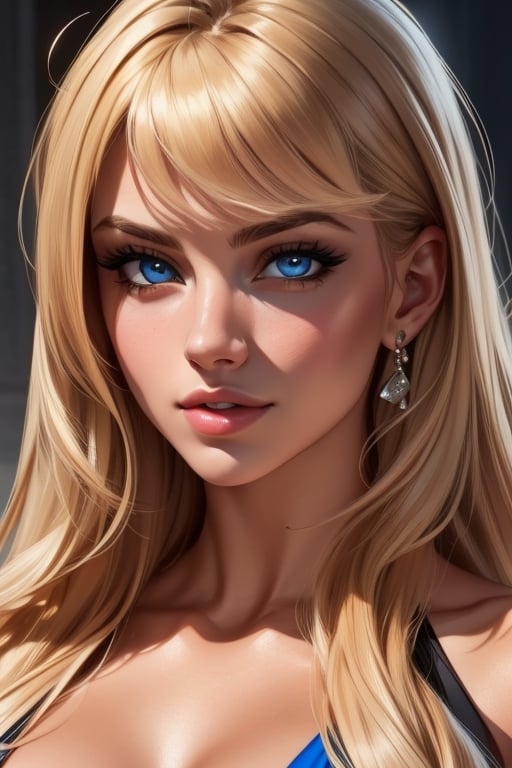An incredibly beautiful young femme fatale is a blonde with blue eyes, she has an orange dress, long golden thick hair, long bangs.  Masterpiece, detailed study of the face, beautiful face, beautiful facial features, perfect image, realistic shots, detailed study of faces, full-length image, 8k, detailed image, extremely detailed illustration, a real masterpiece of the highest quality, with careful drawing. BEAUTY