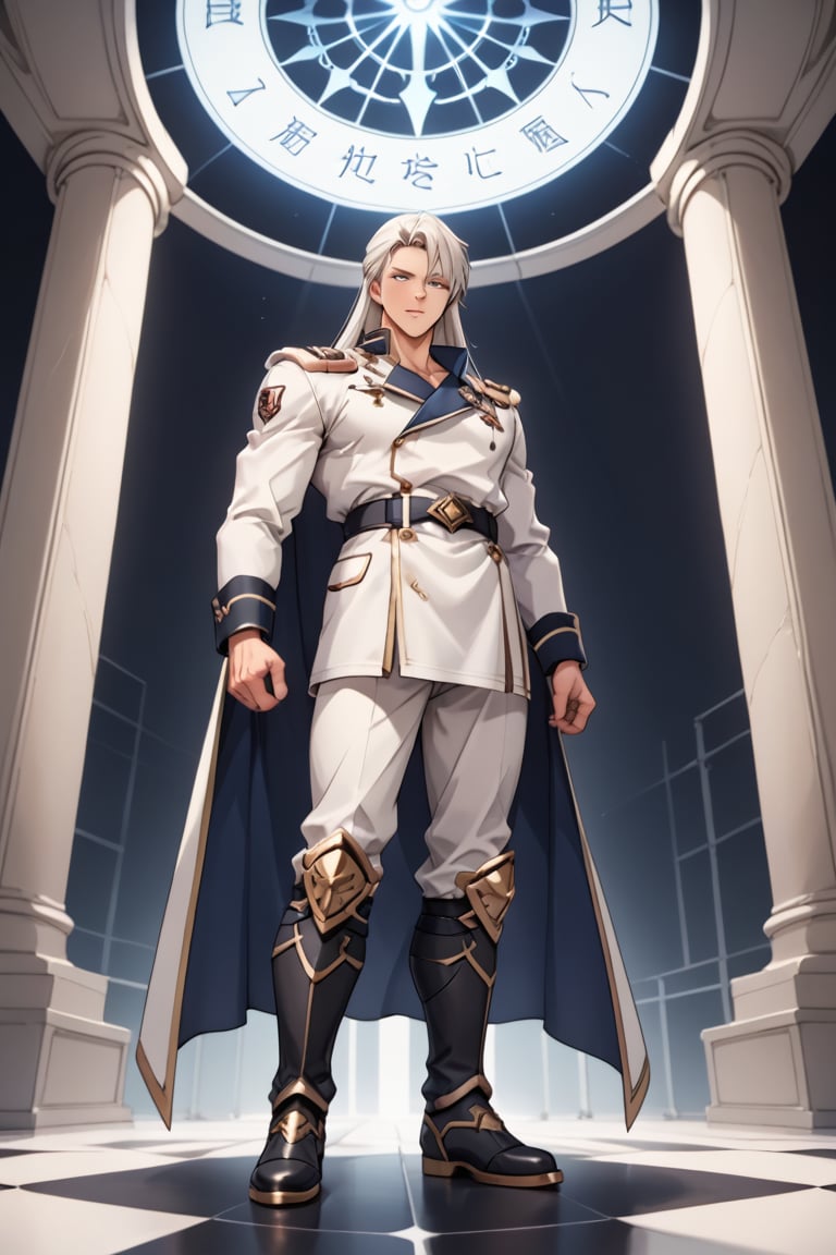 (Beatiful, masterpiece, aesthetic). Anime muscle man.long straight platinum hair below the shoulders. Light blue eyes. grey military clothes, silver armor with gold decorations. (Anime Character) (Dark enviroment).Kunzite,Malachite,SMV4,score_9,score_8_up,score_7_up,rating_explicit, (Aesthetic dark image), long straight platinum hair below the shoulders,MALE,  full-length image,Handsome male