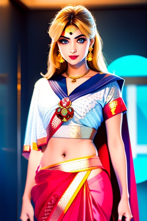 An incredibly beautiful young femme fatale is a golden-haired blonde with two bunches on her head and two long tails, blue-eyed, dressed in a traditional white saree. Masterpiece, perfect image, realistic shots, detailed study of the face, full-length image, 8k, detailed image. extremely detailed illustration, a real masterpiece of the highest quality, with careful drawing. ,sailor moon,indian,serena tsukino,Indian dress,sari,aausagi