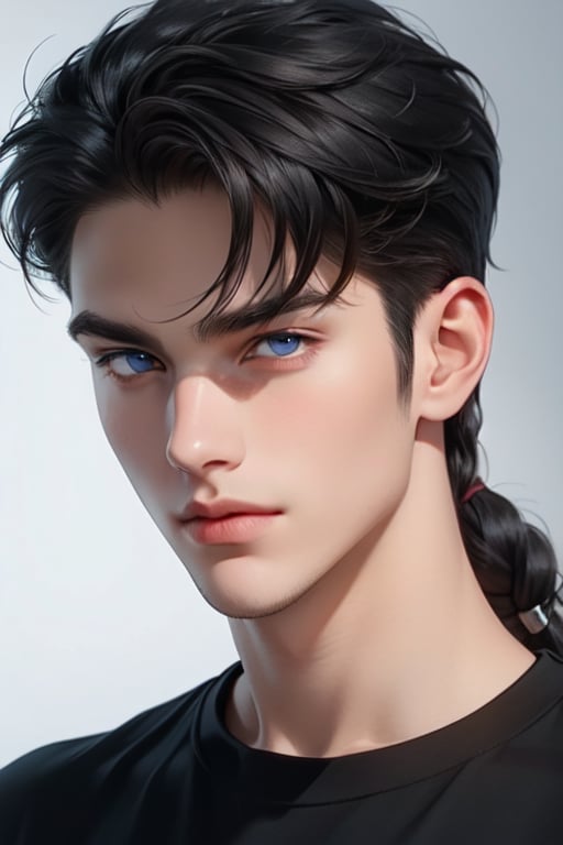 A tall, handsome, athletic, statuesque, courageous young man with very long black hair gathered in a tight knot at the back of his head, with blue eyes, long straight black hair, dressed in a black T-shirt and white jeans. Masterpiece, detailed study of the face, beautiful face, beautiful facial features, perfect image, realistic shots, detailed study of faces, full-length image, 8k, detailed image, extremely detailed illustration, a real masterpiece of the highest quality, with careful drawing. detailed eyes, beautiful face, blue eyes, handsome male, clean-shaven face, wrenchftmfshn smooth face. smooth facial skin, no facial hair, no facial hair, wrenchftmfshn, long black hair, SailorStarFighter