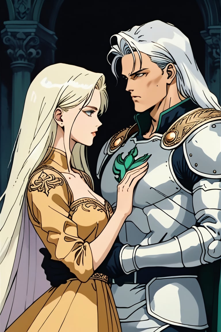 (Beatiful, masterpiece, aesthetic). Anime muscle man. long platinum hair. Light blue eyes. grey military clothes, silver armor with gold decorations. (Anime Character) (Dark enviroment). he is holding the hand of an incredibly beautiful young cancer woman-a blonde with blue eyes, long golden hair, she is wearing a light golden dress, she is a princess. They're in love. Kunzite,Malachite,SMV4,score_9,score_8_up,score_7_up,rating_explicit,aavenus, long hair, (Aesthetic dark image), femme fatale, Couple poses,