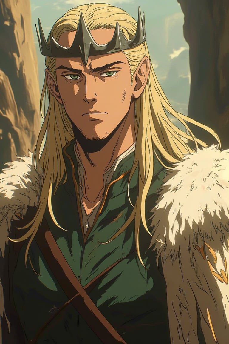 An anime-style photo of Lee Pace, which depicts him in his iconic role as the elf King Thranduil. He has very long blond hair and an arrogant expression on his face, which should emphasize his concentration and determination. The clothes should be decorated with classic elven white and gold patterns, and there should be a crown on the head dressed backwards. The background should be slightly blurred to emphasize Lee Pace's athletic physique and the smooth movements of his elven clothes. The lighting should emphasize the sharpness of his anime-style facial features and the energetic, dynamic environment around him, giving the image a spectacular, action-packed look of Niji's journey.