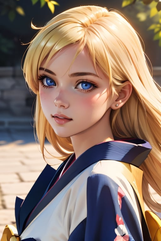 An incredibly beautiful young femme fatale is a golden-haired blonde with long hair and blue eyes, dressed in traditional kimono. Masterpiece, perfect image, realistic shots, detailed study of the face, full-length image, 8k, detailed image. extremely detailed illustration, a real masterpiece of the highest quality, with careful drawing.,1woman,blonde hair,blue eyes, sailor Venus sv1,sv1,kimono, in full growth