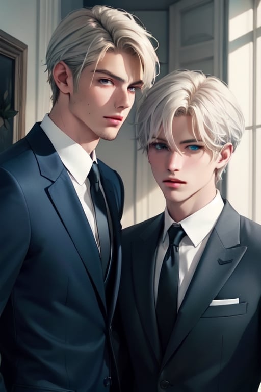 Two men are facing each other. A tall, handsome, statuesque, courageous young man is platinum blond, he has tanned skin, long straight platinum hair, blue eyes, he is dressed in an expensive suit, he is standing in front of another young man, thin, he has long straight platinum hair pulled back in a ponytail, long bangs, green eyes, he is dressed Rocker-style clothes. Different height. Masterpiece, detailed study of the face, beautiful face, beautiful facial features, perfect image, realistic shots, detailed study of faces, full-length image, 8k, detailed image. an extremely detailed illustration, a real masterpiece of the highest quality, with careful drawing. yaten