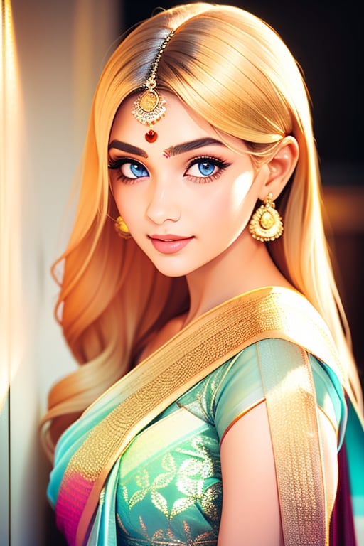 An incredibly beautiful young femme fatale is a golden-haired blonde with two bunches on her head and two long tails, blue-eyed, dressed in a traditional white saree. Masterpiece, perfect image, realistic shots, detailed study of the face, full-length image, 8k, detailed image. extremely detailed illustration, a real masterpiece of the highest quality, with careful drawing. ,sailor moon,indian,serena tsukino,Indian dress,sari,aausagi,Saree,saree