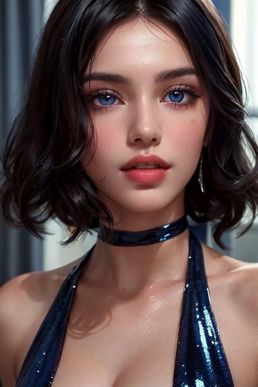 An incredibly beautiful young femme fatale is a brunette with dark blue eyes, she has a deep dark blue dress, straight short black hair, long bangs.  Masterpiece, detailed study of the face, beautiful face, beautiful facial features, perfect image, realistic shots, detailed study of faces, full-length image, 8k, detailed image, extremely detailed illustration, a real masterpiece of the highest quality, with careful drawing..  masterpiece, WOWAI, belle (PnMakeEnh),Black haired beauty, (PnMakeEnh),mer1, tiara