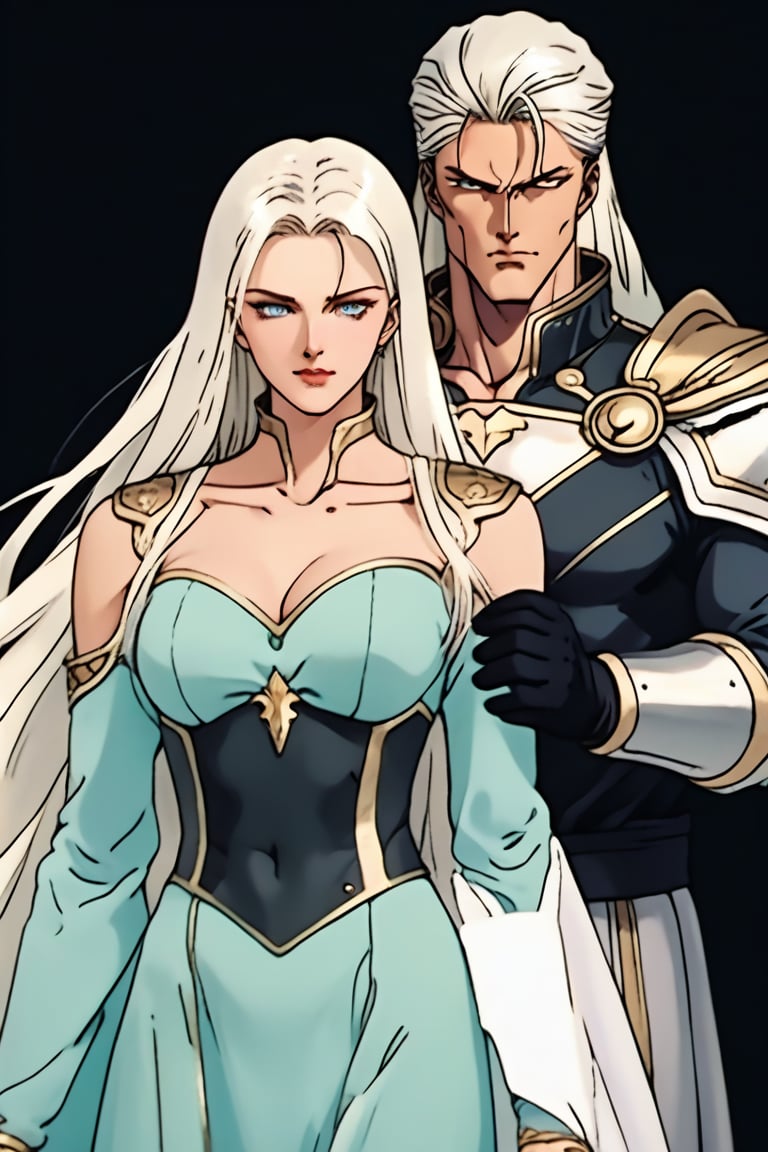 (Beatiful, masterpiece, aesthetic). Anime muscle man. long platinum hair. Light blue eyes. grey military clothes, silver armor with gold decorations. (Anime Character) (Dark enviroment). he is holding the hand of an incredibly beautiful young cancer woman-a blonde with blue eyes, long golden hair, she is wearing a light golden dress, she is a princess. They're in love. Kunzite,Malachite,SMV4,score_9,score_8_up,score_7_up,rating_explicit,aavenus, long hair, (Aesthetic dark image), femme fatale, Couple poses,