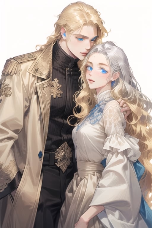 couple, 1 young woman (Long golden blonde wavy hair and blue eyes), 1 young man ( long straight platinum hair and blue eyes), romance, romantic, different height, fantasy, detailed eyes, simple background, Masterpiece.,male