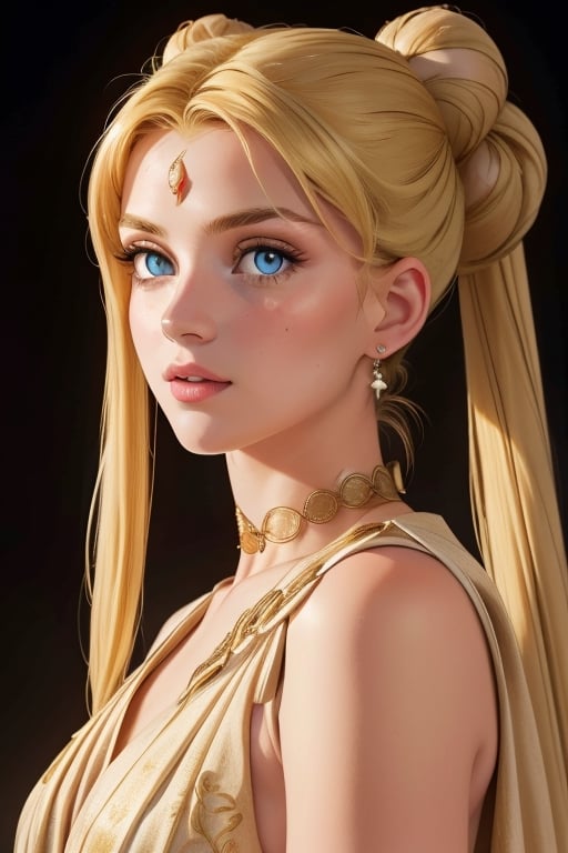 An incredibly beautiful young femme fatale is a golden-haired blonde with blue eyes, two bunches on her head and two long golden tails, dressed in an ancient Greek chiton. Masterpiece, perfect image, realistic shots, detailed study of faces, full-length image, 8k, detailed image. extremely detailed illustration, a real masterpiece of the highest quality, with careful drawing. Full-length image,greek clothes, aausagi,serena tsukino