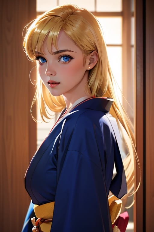 An incredibly beautiful young femme fatale is a golden-haired blonde with long hair and blue eyes, dressed in traditional kimono. Masterpiece, perfect image, realistic shots, detailed study of the face, full-length image, 8k, detailed image. extremely detailed illustration, a real masterpiece of the highest quality, with careful drawing.,1woman,blonde hair,blue eyes, sailor Venus sv1,sv1,kimono