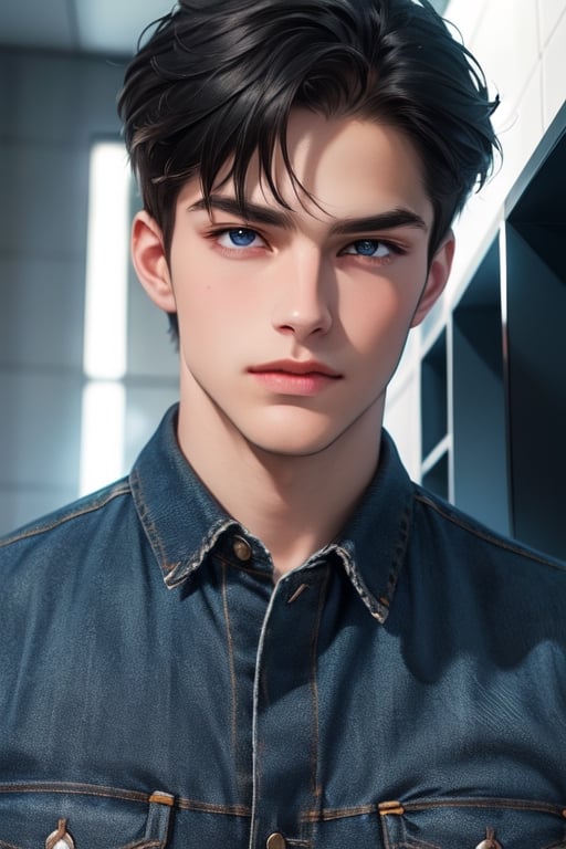 A tall, handsome, masculine young man with a strong build, black-haired brunette, long straight black hair, blue eyes. Low-rise jeans. The podium. Masterpiece, detailed study of the face, beautiful face, beautiful facial features, perfect image, realistic shots, detailed study of faces, full-length image, 8k, detailed image. an extremely detailed illustration, a real masterpiece of the highest quality, with careful drawing.,SailorStarFighter