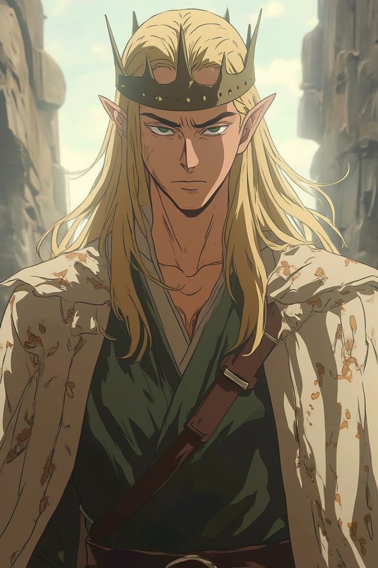 An anime-style photo of Lee Pace, which depicts him in his iconic role as the elf King Thranduil. He has very long blond hair and an arrogant expression on his face, which should emphasize his concentration and determination. The clothes should be decorated with classic elven white and gold patterns, and there should be a crown on the head dressed backwards. The background should be slightly blurred to emphasize Lee Pace's athletic physique and the smooth movements of his elven clothes. The lighting should emphasize the sharpness of his anime-style facial features and the energetic, dynamic environment around him, giving the image a spectacular, action-packed look of Niji's journey.