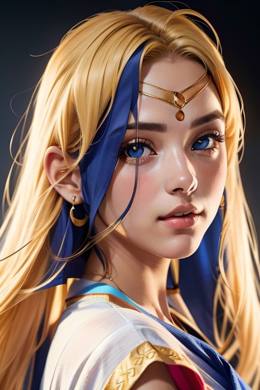 An incredibly beautiful young femme fatale is a golden-haired blonde with two bunches on her head and two long tails, blue-eyed, dressed in a traditional white saree. Masterpiece, perfect image, realistic shots, detailed study of the face, full-length image, 8k, detailed image. extremely detailed illustration, a real masterpiece of the highest quality, with careful drawing. ,sailor moon,indian,serena tsukino,Indian dress,sari,aausagi