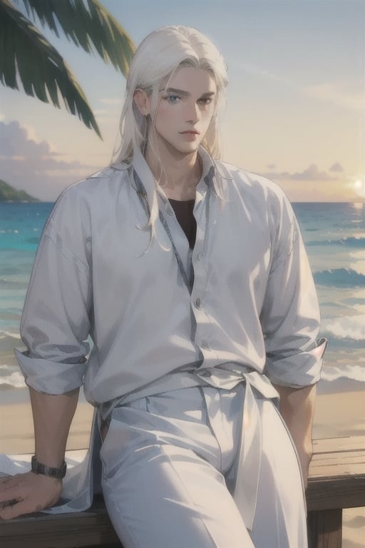 Tropical beautiful beach, sunset. Sitting on the sand is a tall, large, athletic, statuesque, handsome, adult man- platinum blonde, he has tanned skin, perfect facial features, blue eyes, he has long straight white hair, he is dressed in white beach clothes. Masterpiece, perfect image, realistic pictures, detailed elaboration, full-length image, 8k, detailed image. an extremely detailed illustration, a real masterpiece of the highest quality, with careful drawing.,1man,#realistic