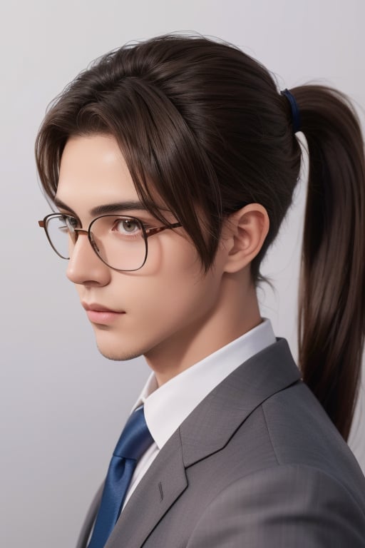 A tall, handsome, handsome young man with brown hair, he has long chocolate-colored hair gathered in a tight low ponytail on the back of his head and combed back, glasses, lilac eyes, he is dressed in a suit. Masterpiece, beautiful face, perfect image, realistic photos, 8k, detailed image, extremely detailed illustration, a real masterpiece of the highest quality, with careful drawing. SailorStarMaker, low ponytail on the back of the head, hair combed back., anime style